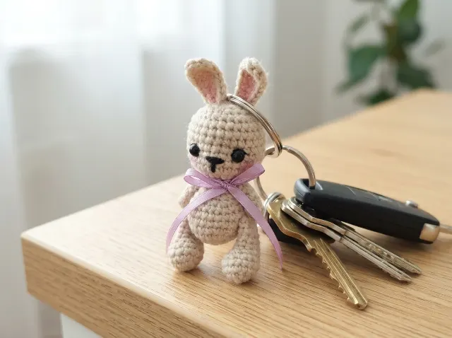 Amigurumi Bunny Keychain Crochet Pattern PDF � Easy Baby Rabbit with Bow, Beginner Bag Charm Tutorial — lifestyle photo