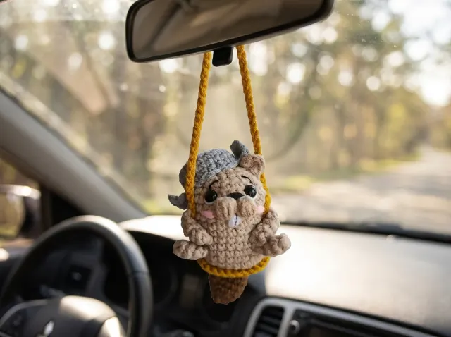Beaver on a Swing Car Charm Amigurumi Crochet Pattern — lifestyle photo