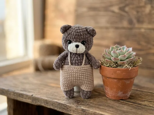 Mini Teddy Bear in Overalls Crochet Pattern, Easy Amigurumi Plush Bear, Beginner Stuffed Animal Nursery Decor, Instant Download PDF Pattern