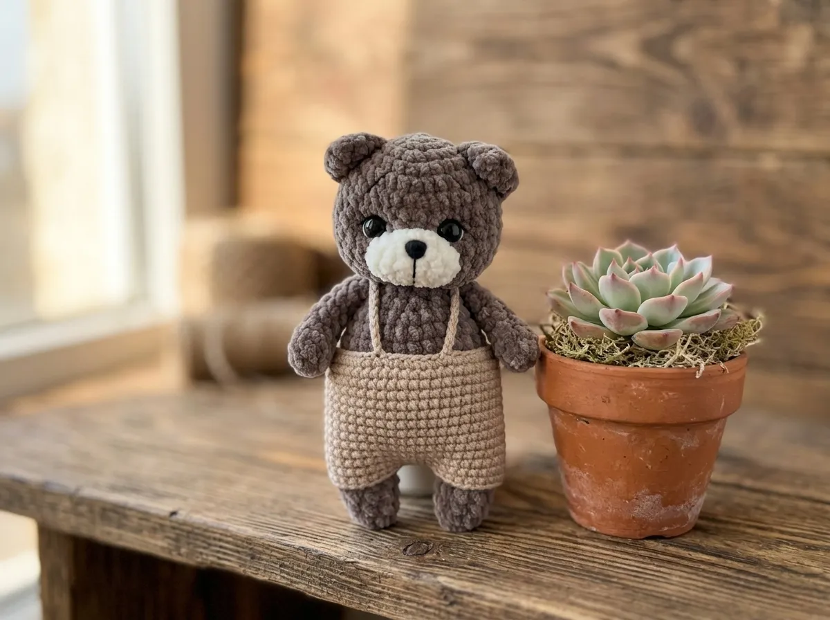 Mini Teddy Bear in Overalls Crochet Pattern, Easy Amigurumi Plush Bear, Beginner Stuffed Animal Nursery Decor, Instant Download PDF Pattern